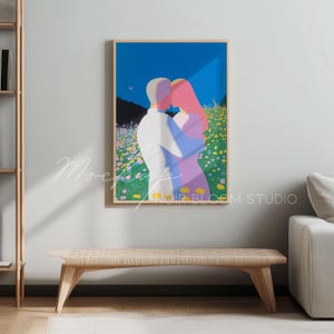 May include: A digital illustration of a couple embracing in a field of colorful flowers. The man is wearing a white shirt and the woman is wearing a pink dress. The background is a blue sky with a single butterfly.