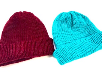 Knitted Hat-For Her/Him-Hand Knit-Beanie-Maroon-Turquoise-Cold Weather Hat-Winter-Gift Idea