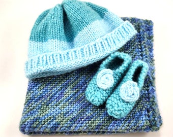 Baby Blanket Set- Easy Care- Hand Knitted-Blanket-Hat & Booties 3PC Set-Coordinating Blues-Baby Shower Gift-New Mom Gift