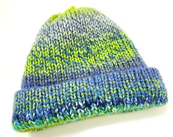 Multicolor Ribbed Winter Knit Hat-Handmade-Blue Green Pom Pom Beanie-Warm Double Layered Knit Hat-Cozy & Warm Gifts