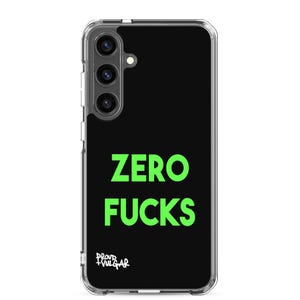 May include: A clear phone case with a black background and a green graphic that says "ZERO FUCKS". The case has a camera cutout and a small logo that says "PROUD + VULGAR".