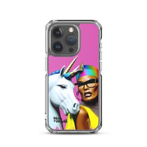 May include: A clear phone case with a pink background featuring a woman with a rainbow hat and sunglasses next to a white unicorn. The text "Proud & Vulgar" is printed on the case.