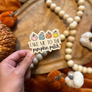 Op de afbeelding: Een sticker met de tekst "TAKE ME TO THE pumpkin patch" en vier illustraties van pompoenen in roze, blauw, oranje en geel. De sticker wordt door een hand vastgehouden, met een vage achtergrond van decoratieve pompoenen en houten kralen.