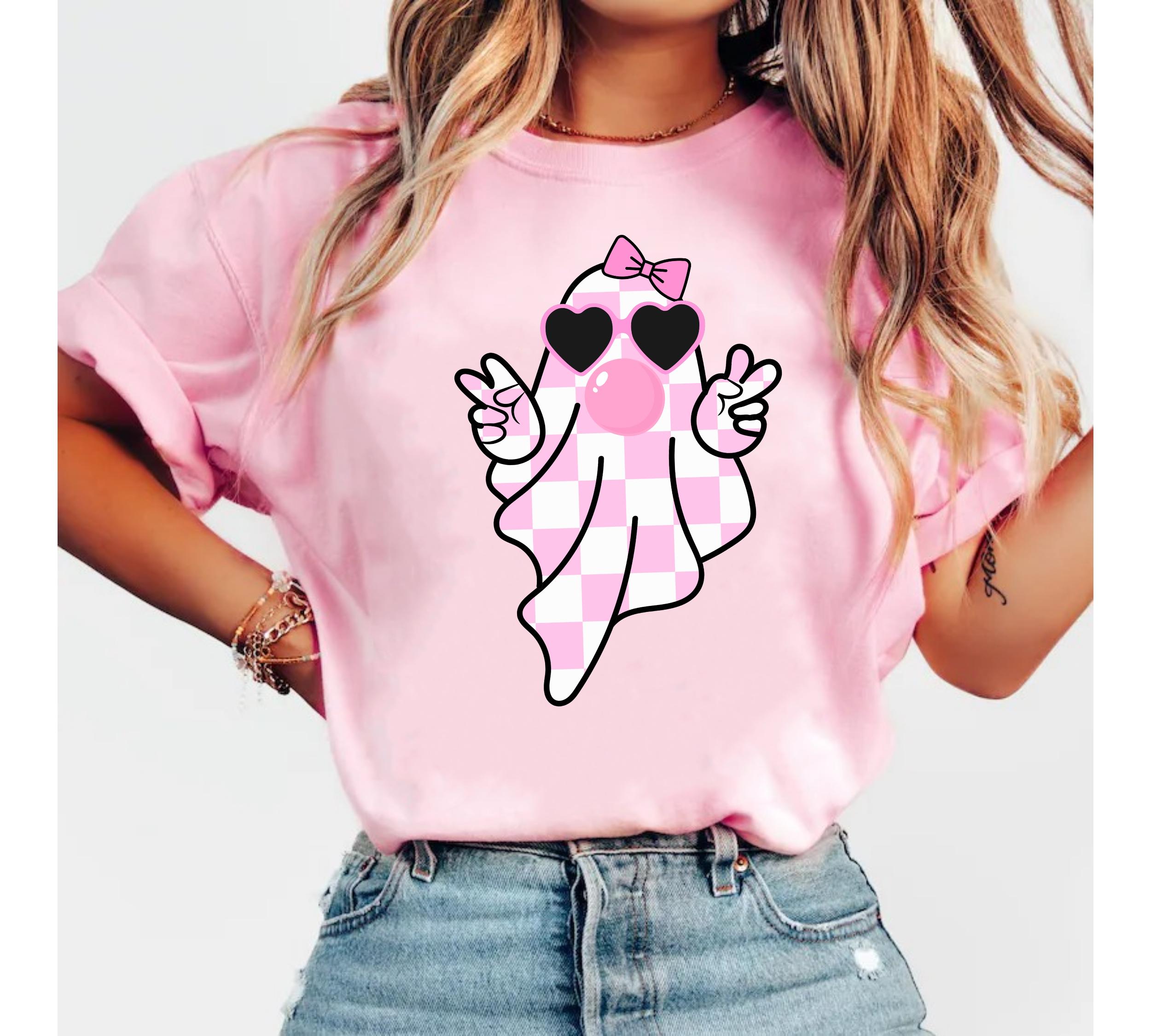 Cute Girly Ghost Blowing Bubble Shirt, Cute Ghost Shirt, Retro Checkered Ghost bow Shirt, Cute Pink Ghost T-Shirt,On Wednesday We Wear Pink