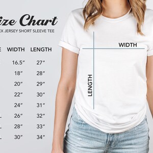 May include: Size chart for a unisex jersey short sleeve tee. The chart shows the width and length measurements in inches for sizes XS to 4XL.