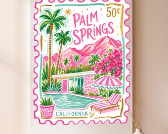 Palm Springs Wall Art Canvas, California Desert Print, Pink Palm Trees Landscape Poster, Mid Century Modern Home Decor