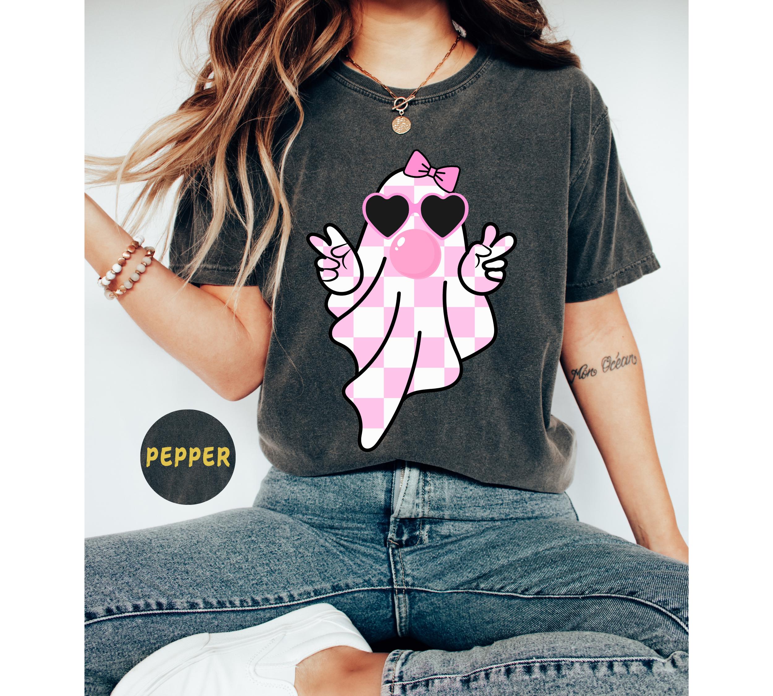 Cute Girly Ghost Blowing Bubble Shirt, Cute Ghost Shirt, Retro Checkered Ghost bow Shirt, Cute Pink Ghost T-Shirt,On Wednesday We Wear Pink