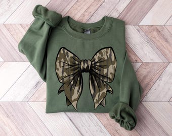 Camo Coquette Bow Sweatshirt, Camo Bow Shirt, Duck Hunting Shirt, Old School Camo Shirt, Fall Shirt, Women's Camouflage Bow Shirt,Camo Shirt