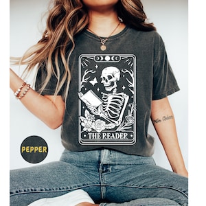 The Reader Tarot Card Shirt, Funny Skeleton Shirt, Skeleton Reading Shirt, Tarot Card Shirt, Book Lover Gift, Bookish Gift,Tarot Lover Gift