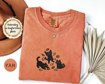 Black Cats and Fall Leaves Embroidered Comfort Colors® Tee, Embroidered Halloween Shirt, Embroidered Autumn Cat Shirt, Cute Fall T-Shirt