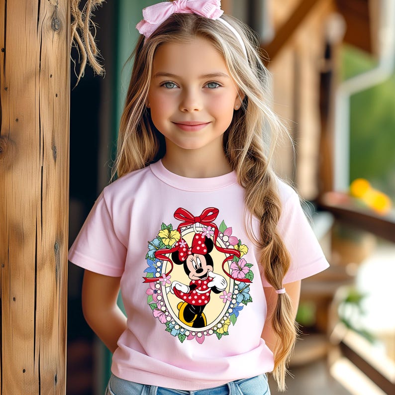 Peut inclure: Une jeune fille porte un t-shirt rose clair avec un motif de Minnie Mouse. Le motif repr&eacute;sente Minnie Mouse dans une robe &agrave; pois rouges et un n&oelig;ud, entour&eacute;e de fleurs. Elle porte &eacute;galement un bandeau rose avec un n&oelig;ud.