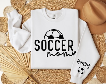 Personalize Soccer Mom Kids Name On Sleeve Sweatshirt, Mom Soccer Sweater, Soccer Mama Shirt, Gift for Soccer Mom, Fall Soccer Season Shirt
