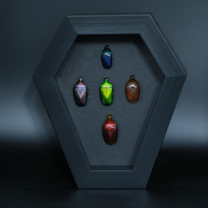 May include: A black coffin-shaped display frame containing five beetle-shaped pendants. The pendants are arranged in a cross pattern and feature iridescent finishes in blue, purple, green, brown, and red, each with a small loop at the top.