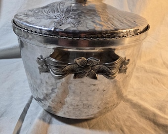 Vintage Hammered Aluminum Ice Bucket with Flower motif, Lid and Handles