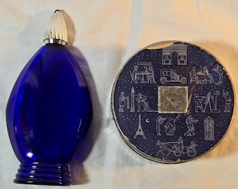 Lot von 2 BOURJOIS Antique Eitelkeiten Pulver Box Parfüm Flasche Kobalt Blau