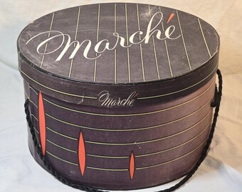 Vintage Retro Marche Hat Box 11" with String, Lid Black Red Ovals