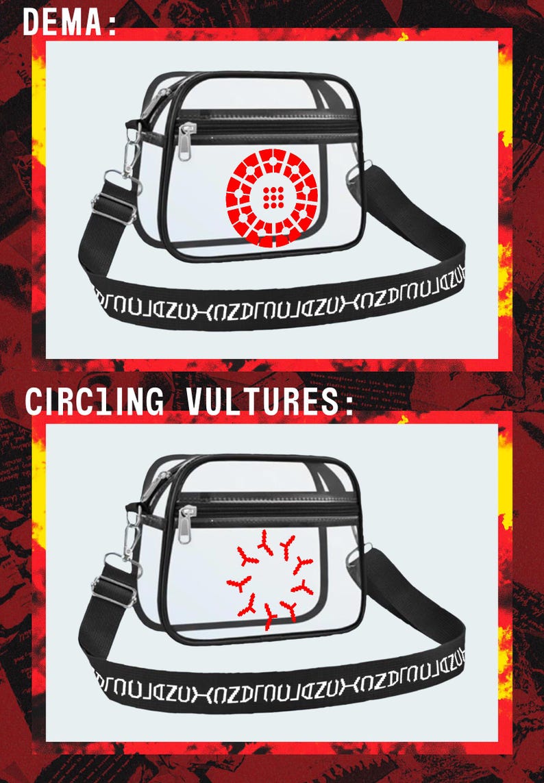 Op de afbeelding: Transparante crossbodytas met zwarte rand en een zwarte band met witte tekst. De tas heeft een rood cirkelvormig ontwerp. De tekst "DEMA" en "CIRCLING VULTURES" is zichtbaar.