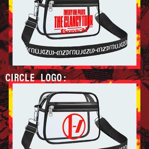 Op de afbeelding: Transparante crossbodytas met zwarte rand en riem. De tas heeft een rood logo met de tekst "TWENTY ONE PILOTS THE CLANCY TOUR Breach" en een zwarte riem met witte tekst. De tweede tas heeft een rood logo met een "-7" symbool.
