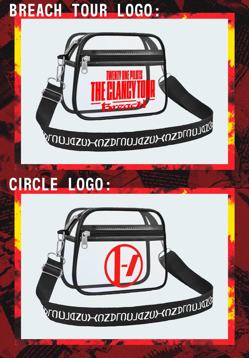 Op de afbeelding: Transparante crossbodytas met zwarte rand en riem. De tas heeft een rood logo met de tekst "TWENTY ONE PILOTS THE CLANCY TOUR Breach" en een zwarte riem met witte tekst. De tweede tas heeft een rood logo met een "-7" symbool.