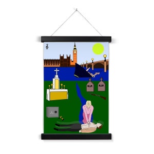 May include: A framed art print with a whimsical illustration. The artwork depicts a scene with Big Ben, a sinking ship, and a person performing CPR. Other elements include a church, tombstones, and a safe.