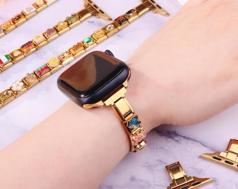 Correa para Apple Watch con charm italiano dorado: Pulsera de acero inoxidable, regalo de Navidad para ella