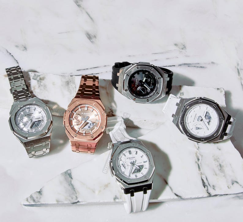 Relógio Casio GA-2100 G-Shock – Caixa de metal e pulseira de borracha modificadas – Mostrador branco imagem 5