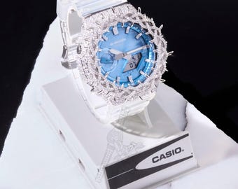 Casio G-Shock GA2100 Herrklocka med blå urtavla och isad moissanit, Mod D-färg, VVS