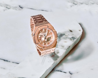 Relógio Casio GA-2100 G-Shock – Caixa e pulseira totalmente em metal dourado rosê – Mostrador dourado rosê