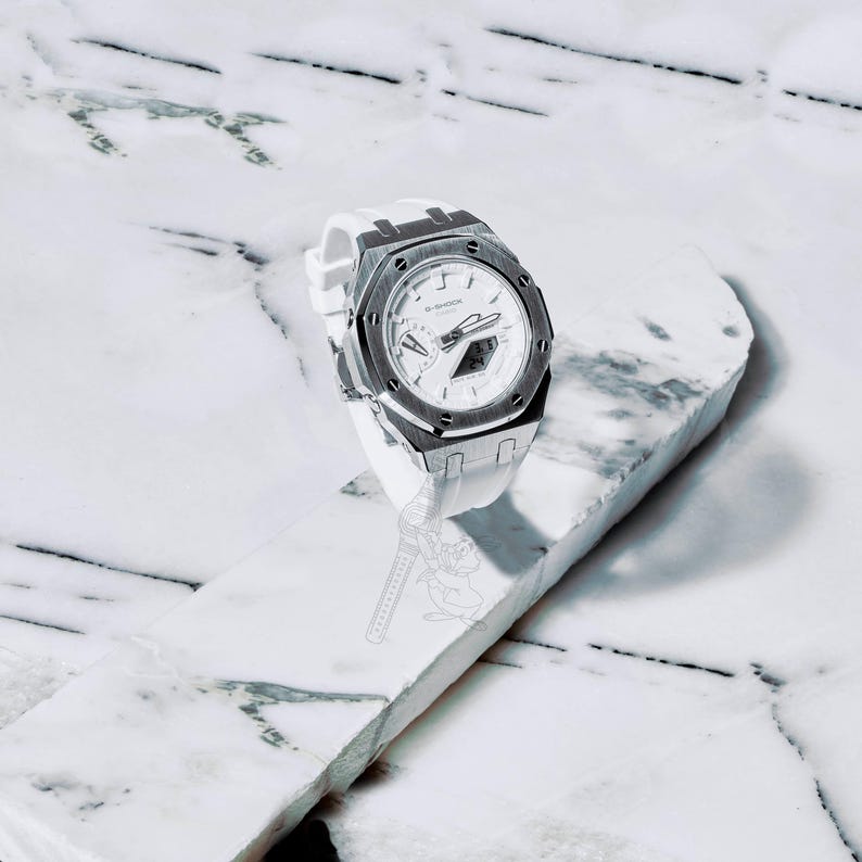 Relógio Casio GA-2100 G-Shock – Caixa de metal e pulseira de borracha modificadas – Mostrador branco imagem 1