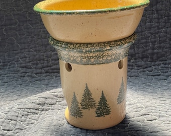 Green and Beige Pine Tree Country Rustic Wax/Candle/Oil Burner Three Rivers Pottery 25th Anniversary