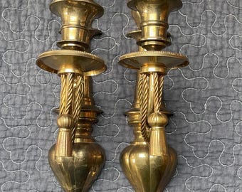 Pair of Gorgeous Brass Wall mounted Candlesticks Sconces with Drip base and Tassels, Vintage Mild-Moderate Patina