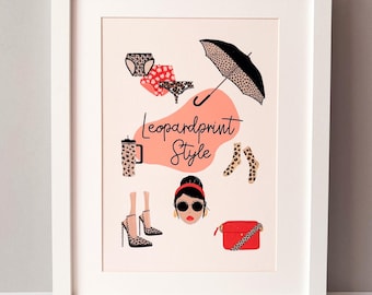Sztuka ścienna z nadrukiem w panterkę, Sztuka ścienna modowa, Wydruki artystyczne, Wydruk modowy, Sztuka modowa, Wydruk z ilustracją modową, Sztuka autorska, Dekoracja garderoby