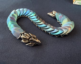 Anodized Titanium Linear Dragon head Scale Maille Bracelet — Handcrafted Armor for the Modern Aristocrat of Chaos - Customization Available!