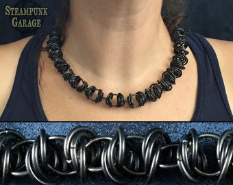 Chaos Orbital Chain - BLACK Stainless steel chainmaille gothic barbed wire necklace - Very lightweight!