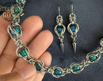 Shimmering Captured Opal Necklace - 16 and 18swg - Exquisite Chainmaille Jewelry - Matching Earrings Available