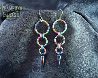 Sleek Descending Circles with Spike Earrings & Pendant Combo - Anodized Titanium - Elevate Your Style with a Matching Set!
