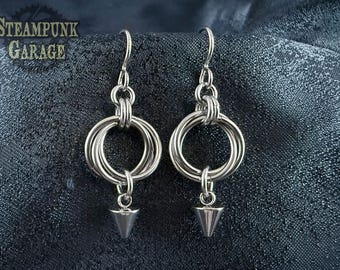 Bold Stainless Steel Mobius Earrings with Dangling Spike - Modern Chainmaille Accessory - Great Gift Idea - Personalized Necklace Option
