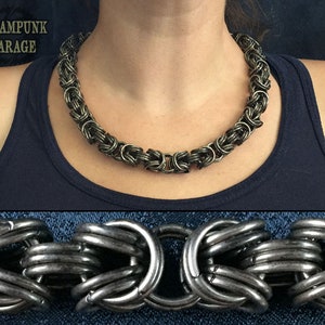 Kinged Byzantine Distressed BLACK Stainless steel chainmaille necklace THICK doubled 16swg Etruscan chain image 1