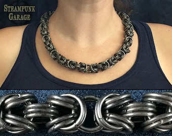 Kinged Byzantine - Distressed BLACK Stainless steel chainmaille necklace - THICK doubled 16swg Etruscan chain