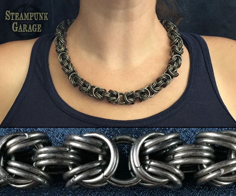 Kinged Byzantine Distressed BLACK Stainless steel chainmaille necklace THICK doubled 16swg Etruscan chain image 1