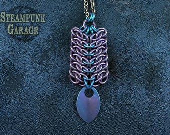 GSG Ribcage Pendant - TITANIUM Dragon Scale w/ Stainless Steel Rings - Elegant Chainmaille Scalemaille Jewelry - Gift for Women