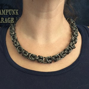Kinged Byzantine Distressed BLACK Stainless steel chainmaille necklace THICK doubled 16swg Etruscan chain image 7