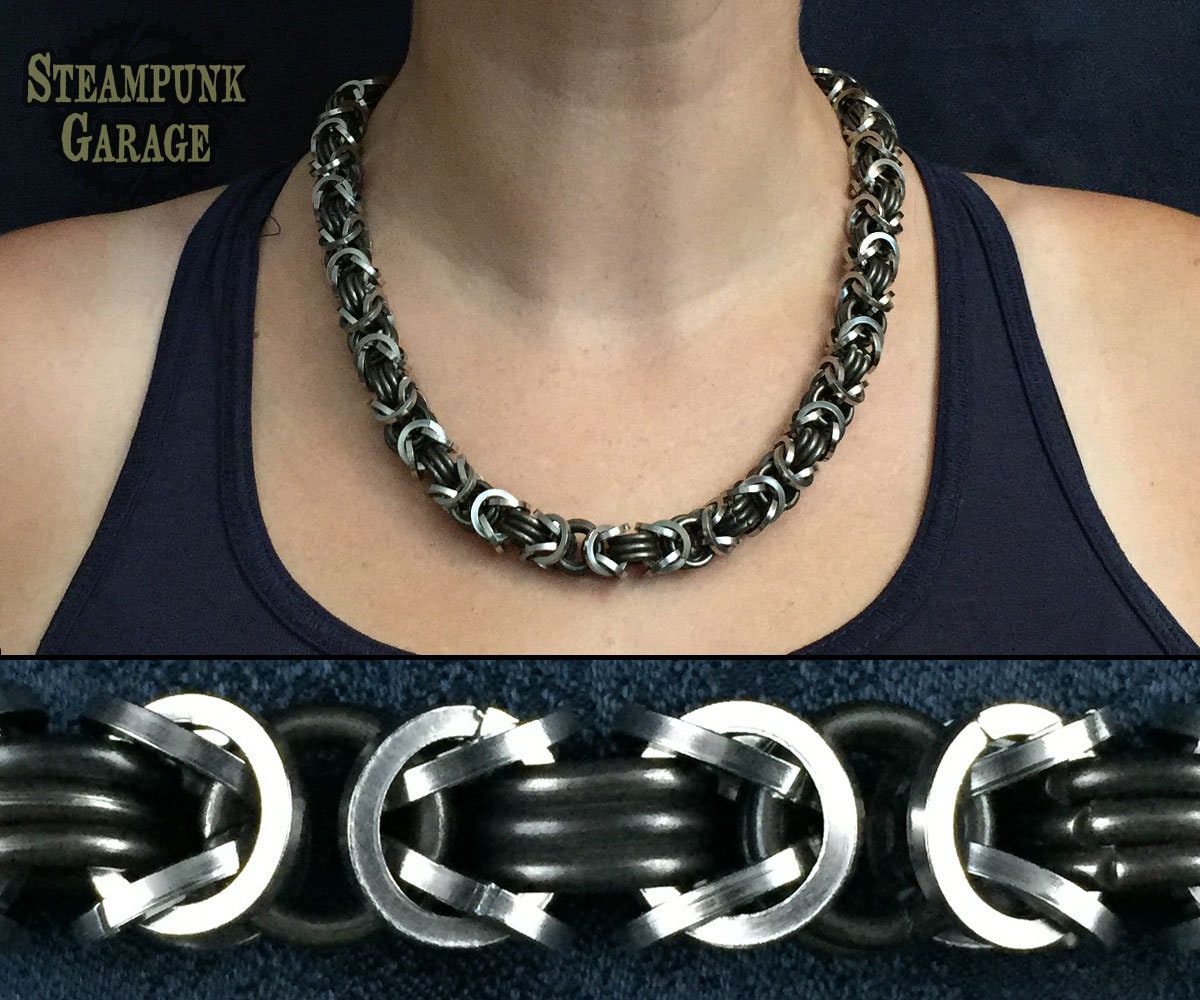 Byzantine Square Wire Chain - TITANIUM or Stainless STEEL Necklace - Silver & Black Chainmaille Jewelry - Bracelet, Wallet Chain, Key Fob