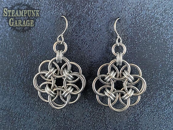 Unique Helm Diamonds Chainmaille Earrings - Elegant Stainless Steel Jewelry - Ideal Gift for Her - Upgrade to Matching Pendant Necklace!