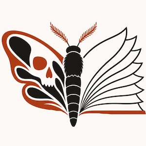 May include: A graphic illustration of a moth with a black body and two distinct wings. The left wing features a skull pattern in black and burnt orange, while the right wing is stylized as an open book with white pages and black outlines.