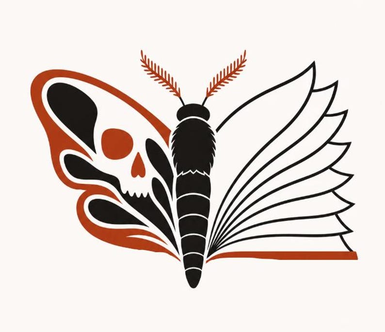 May include: A graphic illustration of a moth with a black body and two distinct wings. The left wing features a skull pattern in black and burnt orange, while the right wing is stylized as an open book with white pages and black outlines.