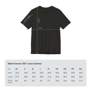 May include: A size chart for Bella+Canvas 3001 t-shirts, showing measurements in inches for sizes XS to 5XL. The chart includes width, length, and sleeve length.