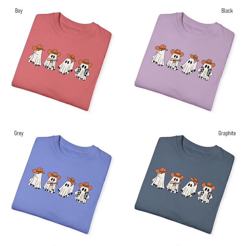 May include: Four cartoon ghosts wearing cowboy hats and playing musical instruments. The ghosts are printed on a t-shirt available in five colors: Bay, Black, Grey, Graphite, and Heather.