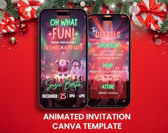 May include: Two smartphones displaying a Friendsmas party invitation. The left phone shows "Oh What Fun!" with Santa and snowman characters. The right phone details the location, RSVP, and attire. The invitation is a Canva template.