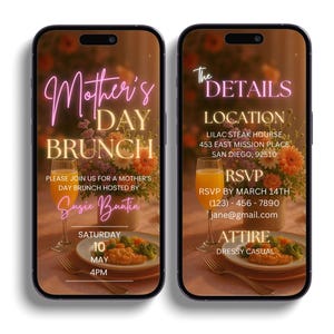 May include: A digital invitation for a Mother's Day brunch. The invitation features a pink neon sign that says "Mother's Day Brunch" and includes details about the event, such as the date, time, location, and RSVP information.